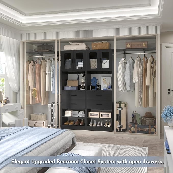 5FT Closet System with Doors and Wooden Drawers, 60'' Reversible Closet Organizer System with Big Wing Shelf and Hanging Rod, 80'' Tall Walk in Wardrobe Closet System with Shelves & Hooks, Black