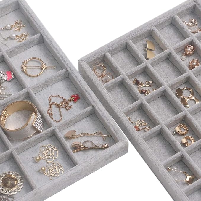 DIOMMELL Set of 4 Stackable Velvet Jewelry Trays Organizer, Jewelry Display Storage Box Showcase Holder Dresser Drawer Organizer for Earring Necklace Bracelet Ring Accessary, Grey