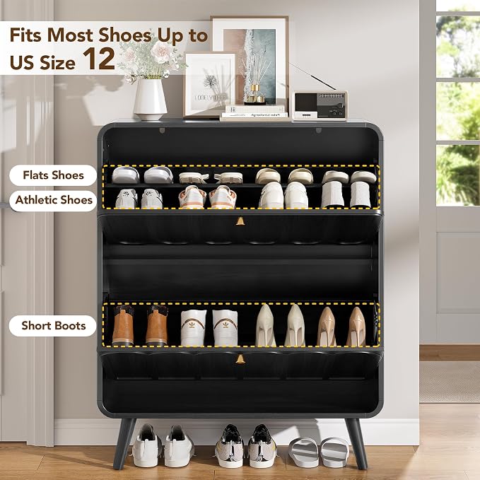 Decofy Shoe Cabinet with 2 Flip Drawers, Expanded Panel for Long Footwear, Freestanding Shoe Storage Cabinet with 3-Gear Adjustable Shelves, Narrow Shoe Cabinets for Entryway, Solid Wood Legs, Dark