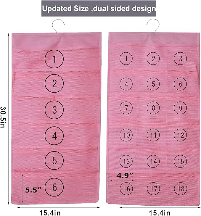 Hanging Mesh Pockets Dual-Sided Closet Organizer for Underwear,Bra,Socks,Accessories with Hanger,Total 24 Pockets Pink