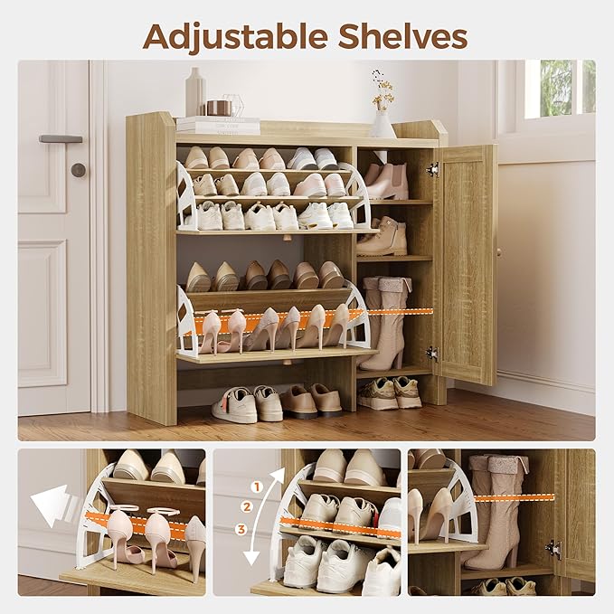 Mericonia Shoe Cabinet Storage for Entryway with 2 Flip Drawers(3-Tier), Rattan Freestanding with Door & 3 Adjustable Shelve,Hidden Shoe Rack Organizer for Hallway, Foyer