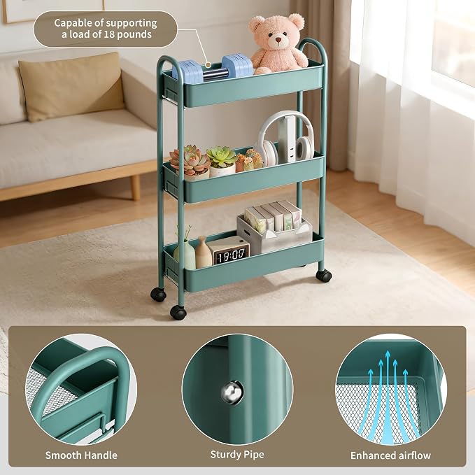 Slim Rolling Cart, Metal Frame Utility Rolling 3-Tier Narrow Storage Cart with Handle Kitchen Storage Organizer, Mobile Shelving Unit for Bathroom Kitchen