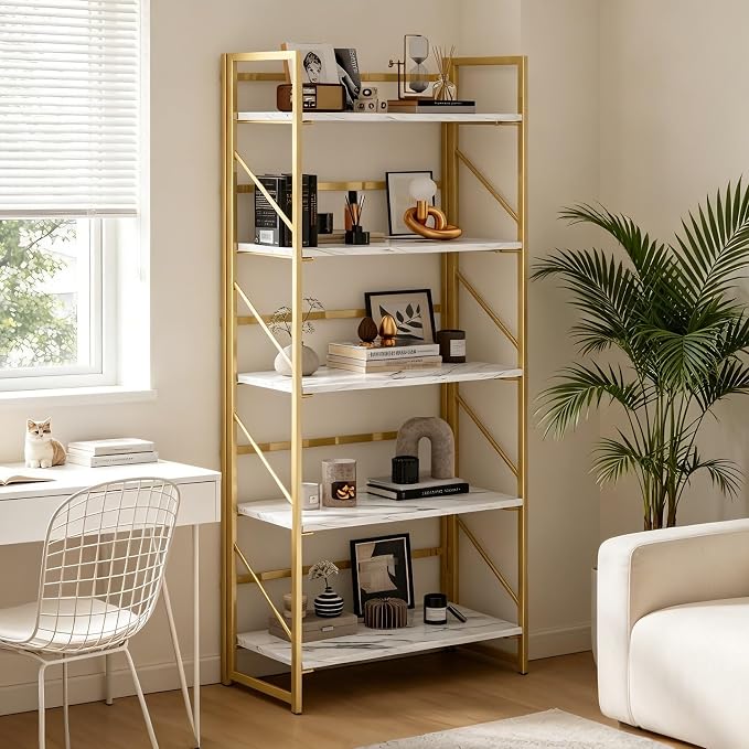 JSB 5 Tier No Assembly Folding Bookshelf, Foldable Storage Bookcase for Home Office, Space-Saving Storage Shelf for Living Room, Bedroom, Office (White&Gold)