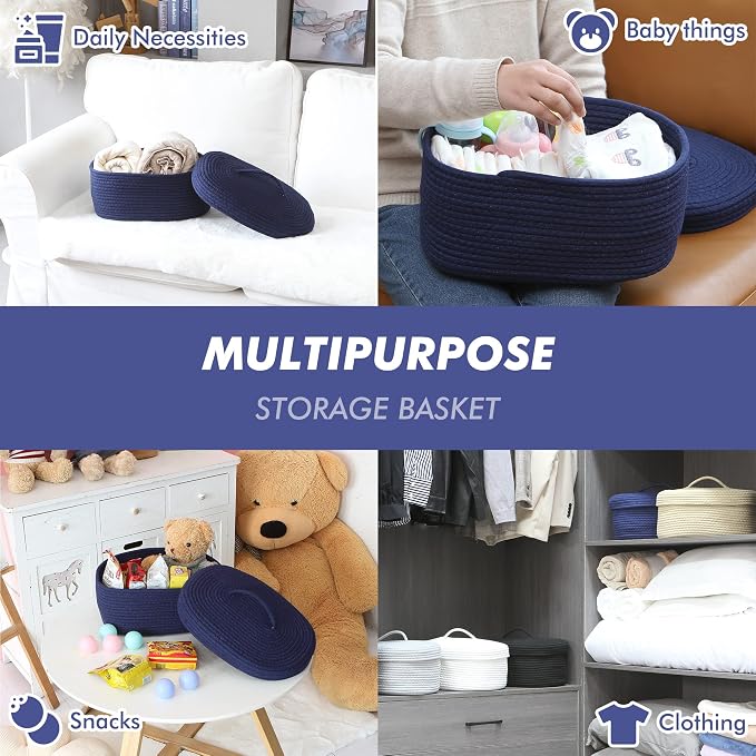 Sea Team Oval Cotton Rope Storage Basket with Lid, Lidded Woven Storage Bin, Nursery Storage Container, Diaper Caddy, Baby Shower Basket, Box, Organizer, 15 x 11 x 6.5 Inches (Medium, Navy Blue)
