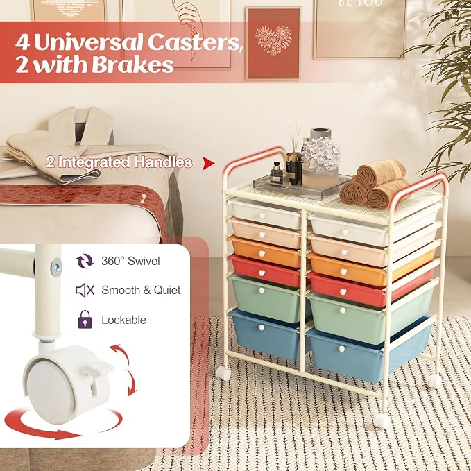 DREAMADE Rolling Cart with Storage Drawers, Utility Cart with Removable Plastic Drawers, Lockable Wheels, Art Cart for Classroom Organization Art Supplies Office Scrapbook (12 Drawers, Macaron)
