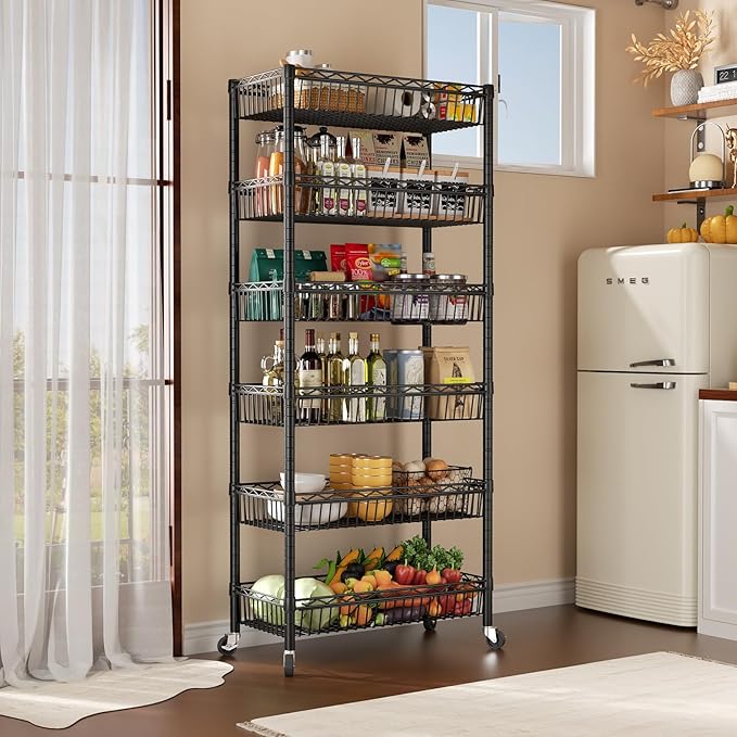 SINGAYE 6 Tier Shelf Wire Shelving Adjustable Storage Shelves Basket Rack | Adjustable Shelves with Wheels Metal Storage Unit Closet Bathroom Organizers Pantry Kitchen Garage Laundry Room Black