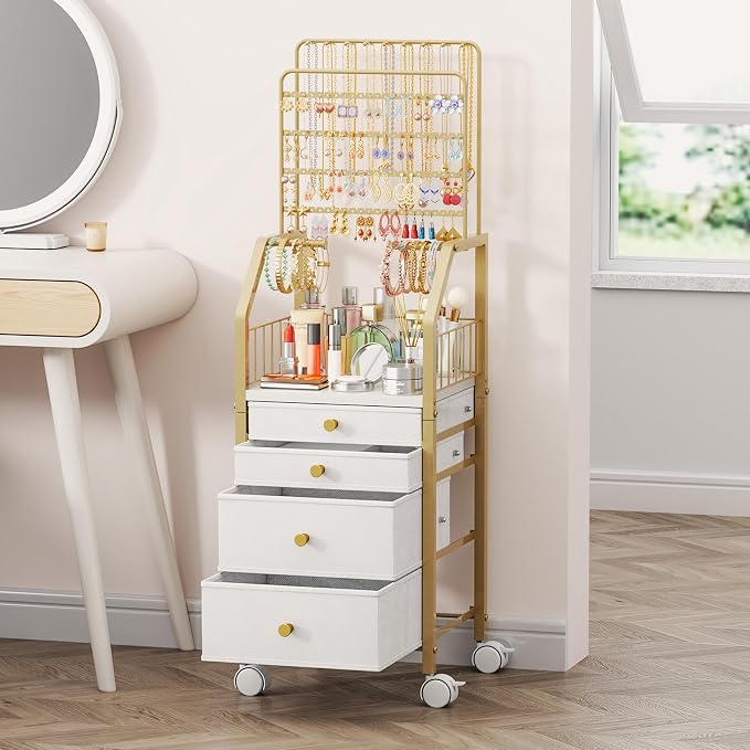 SWTYMIKI Gold Jewelry Organizer Stand - Multifunctional Rack Tower for Necklace, Earring, Ring & Bracelet Display - Moveable Storage Jewelry Holder Stand with 4 Nonwoven Drawers for Bedroom Gold