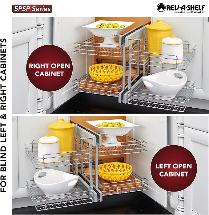 Rev-A-Shelf Chrome Two-Tier Wire Bottom Pullout Organizer with Soft-Close for Blind Corner Base Kitchen Cabinets, Adjustable 4-Basket Storage System, Min Opening Width of 15", 5PSP-15SC-CR