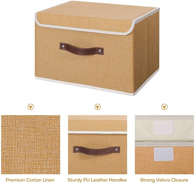 ANMINY 2PCS Storage Bin with Lid Storage Boxes with PU Leather Handles PP Plastic Board Decorative Foldable Lidded Cotton Linen Fabric Home Cubes Baskets Closet Organizer Container - Khaki, Medium