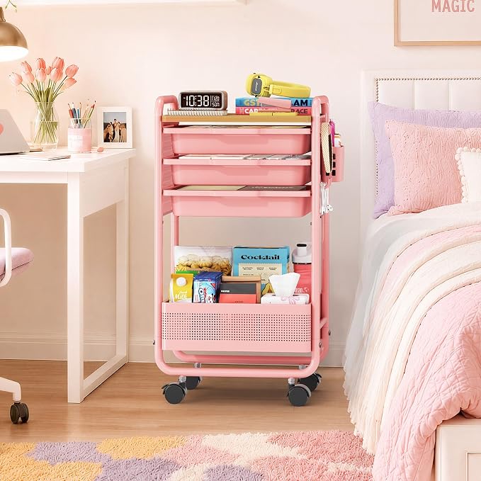 Metal Rolling Storage Cart with 3 Drawers - Utility Cart on Wheels with Pegboard & Wood Tabletop, Multifunctional Trolley Organizer with Hooks & Bin for Living Room,Bedroom,Craft Room,Office,Kids Room