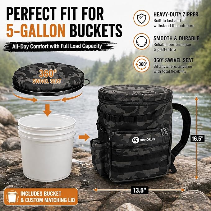 FUNHORUN Fishing Bucket Organizer with 5 Gallon Bucket & Rotating Seat Lid | 360 Swivel Seat Lid, Bucket Backpack with Backpack Straps, Full Water-Resistant & Multi-Pockets (Fishing Tools Not Included)