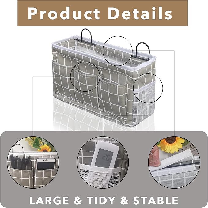 Kanrichu 2pcs 3-pockets Large Wall Hanging Organizer Bag, Linen Fabric Door Hanging Storage Baskets with Pockets, Waterproof Bin for Kitchen, Bedroom, Office, RV Camper (GreyGrid-2pcs)