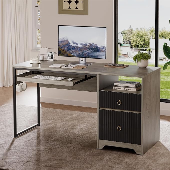 Bestier 55Inch Modern Fluted Desk with Drawers & Keyboard Tray, Grey | 55 X 22 In Work Surface, File Drawer, Reversible Pedestal, Fluted Panels And Keyboard Tray For Home Office Storage.