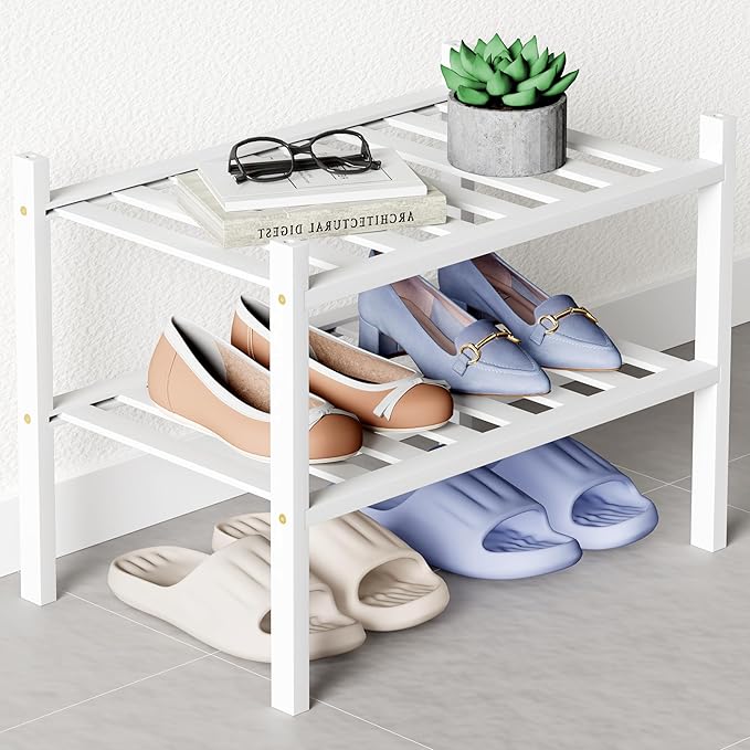Smiry Bamboo Shoe Rack for Closet, 2 Tier Small Wooden Shoe Organizer, Stackable Wood Shoe Storage Shelf for Entryway, 14 Vertical Slats, One-piece Heavy-Duty Legs, 17.32"x11.02"x12.99", White
