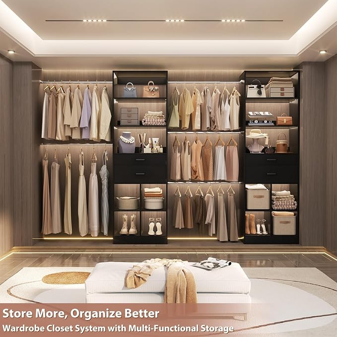 Besiost Closet System, 7.4ft-10ft with 4 Wooden Drawers and 5 Hanging Rods, Can Fit 88 to 123 inch Walk-in Closet System, Black