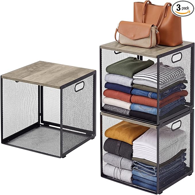 AceOrbit 3 Pcs Widened Stackable Closet Organizers and Storage with Wood Foldable Top Metal Cube Closet Shelf DIY Space Saving Linen Cloth Shoe Bed Sheet Bin for Wardrobe Bedroom (12"x12"x12", Lights)