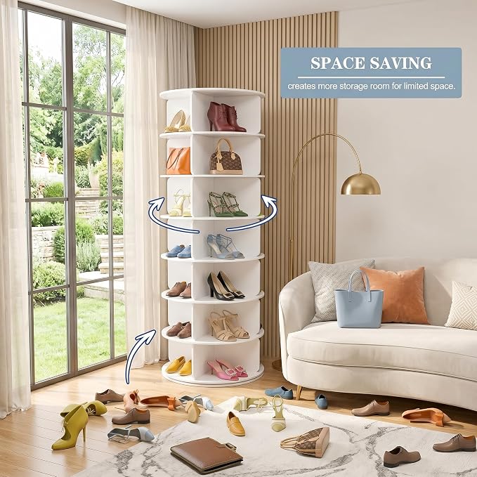 Cushore 7 Tier Rotating Shoe Rack Tower, 360° Spinning Shoe Display Lazy Susan, Tall Revolving Shoe Storage Round Carousel, White