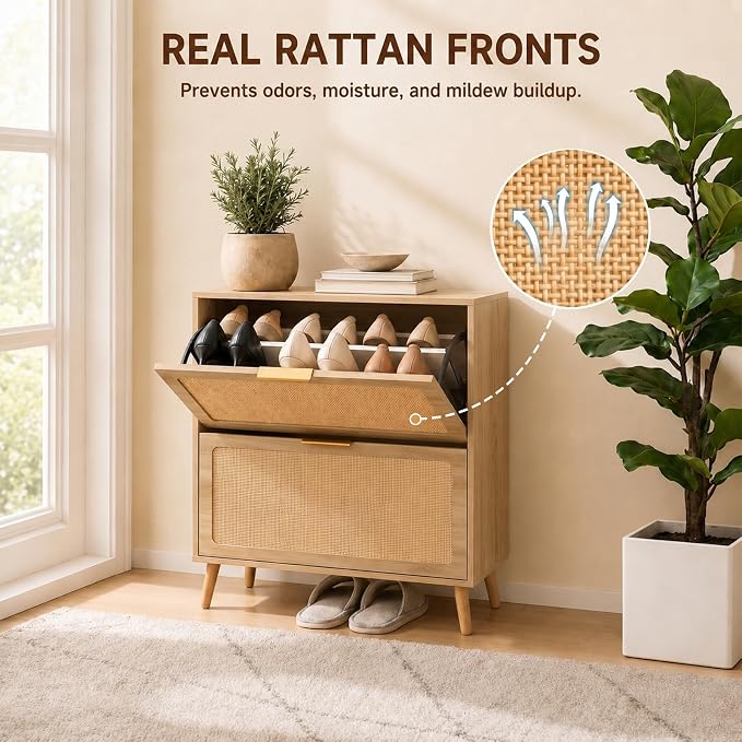 Shoe Storage Cabinet for Entryway, Slim Freestanding Rattan Shoe Cabinet with 3 Flip Drawers, Hidden Shoe Organizer Cabinet, Narrow Shoe Rack , Farmhouse Design (2 Flip Drawer - Breathe Rattan)