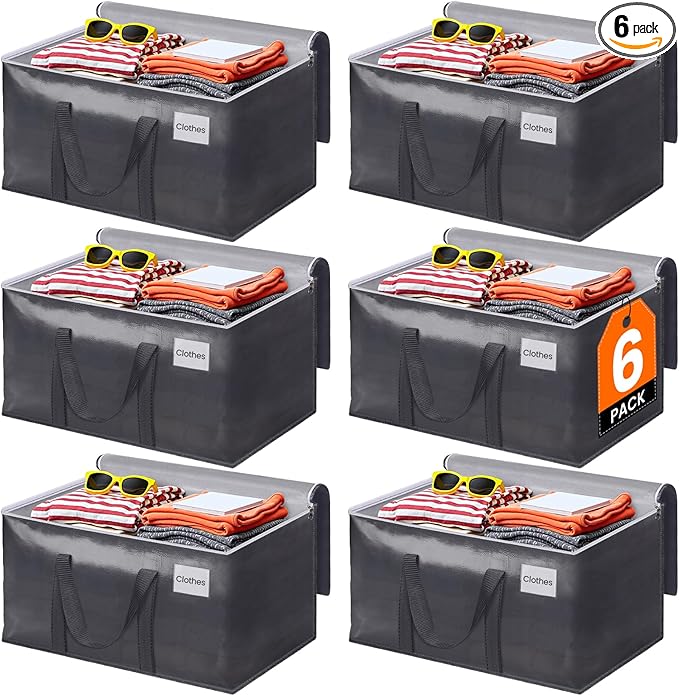ElegantArray 6 Pack Moving Bags Heavy Duty, Moving Boxes, Storage Bags with Zipper & Handles & Tag for College & Dorm Moving Supplies Grey Laundry Hamper Bag, Foldable Space-saving Totes (76L, Grey)