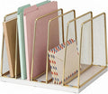 LEKETREE Gold Desk File Organizer, 5-Section Upright File Sorter, Vertical File Folder Holder, Mesh Metal Wood Office Desktop Organization for Document, Magazine, Books and more (White and Gold)
