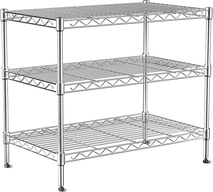 3-Tier Wire Shelf Rack,Kitchen Metal 3-Shelves Rack with Lockable Wheels | 24" Dx14 Wx22 H,Height Adjustable Wire Shelving Unit and Storage for Living Room,Laundry,Office,Pantry,Studio
