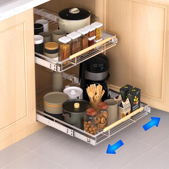 Pull Out Drawer Cabinet Organizer, Expandable Slide Out Storage Shelves - Heavy Duty, Durable and Smooth Slide-Out, 17" x 28" Wide x 22.5" Deep, 2 Pack