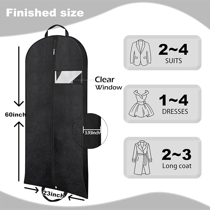 Gusseted Dress Bags for Gowns Long, 60'' Garment Bags for Hanging Clothes, Suit Bag Cover for Storage and Travel (Black)