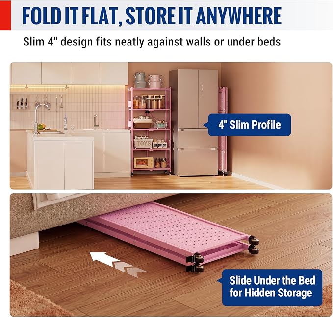 WORKPRO 5-Tier Folding Shelf, No-Assembly Metal Storage Rack with Wheels, 750 lbs Capacity (with Leveling Feet), Collapsible Shelving Unit for Kitchen, Pantry, Closet & Craft Shows - Pink
