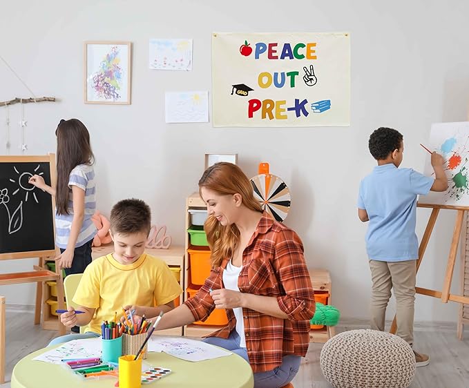 Peace Out Pre-K Graduation Banner, Natural Beige Cotton Canvas Classroom Wall Hanging Sign, Preschool Last Day of School Party Decor, Photo Backdrop for Teacher Gift and Kids, 28.5x20 Inch