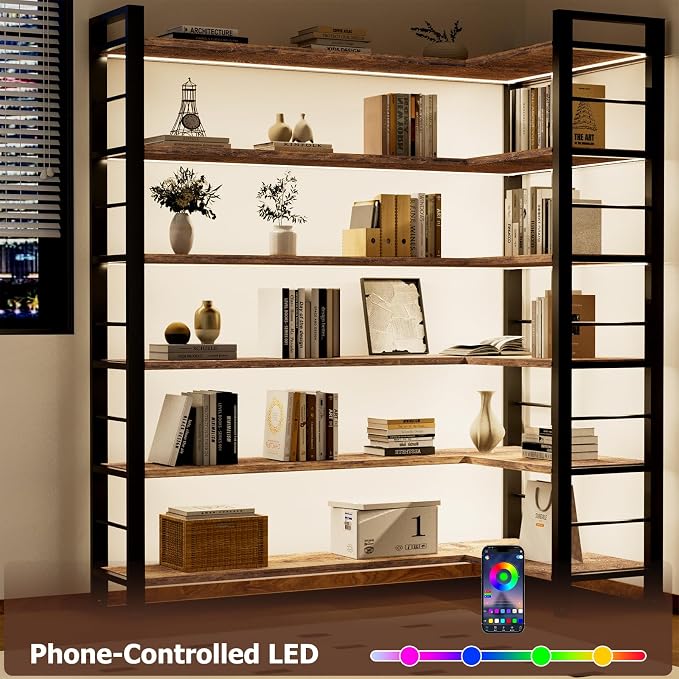INNOD 69" X 50" Straight Wide 6 Tier Bookshelf with LED Light, L Shaped Bookcase with Adjustable Feet, Corner Book Case with 12 Open Shelves, Shelf Unit Display Shelf for Living Room, Home Office