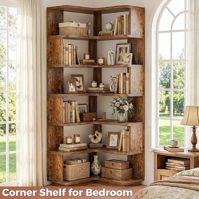 Besiost Corner Book Shelf, 7-Shelf Corner Bookshelf for Small Corner Spaces, L-Shape Bookcase Corner Display Shelf for Home Office, Living Room, Bedroom, Kitchen Pantry, Rustic Brown