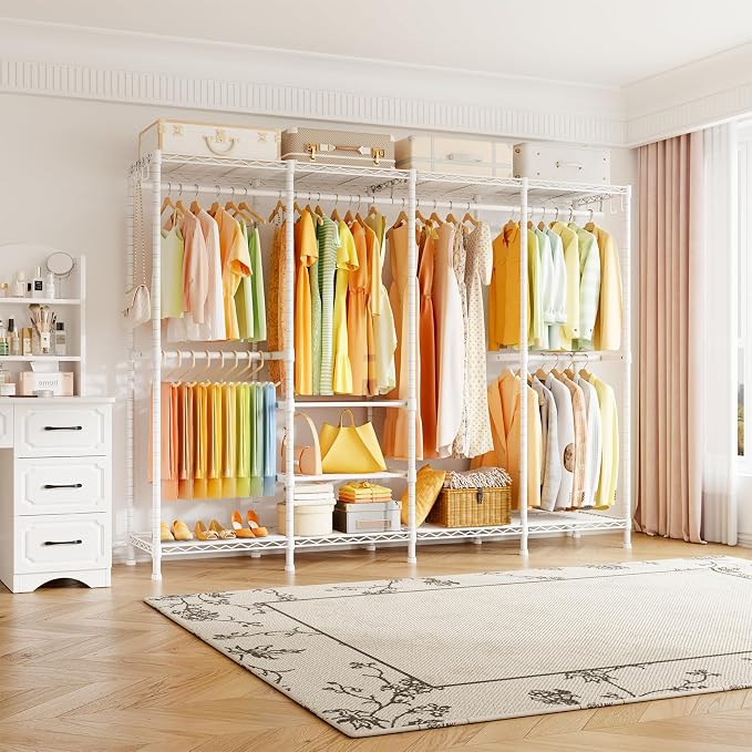 ULIFHOME H41 Garment Rack Heavy Duty Clothes Rack, Clothing Racks for Hanging Clothes, Extra Large Freestanding Portable Closet Wardrobe Rack 78.5'' W × 15.8'' D × 76.4'' H, Max Load 1150 Lbs, White