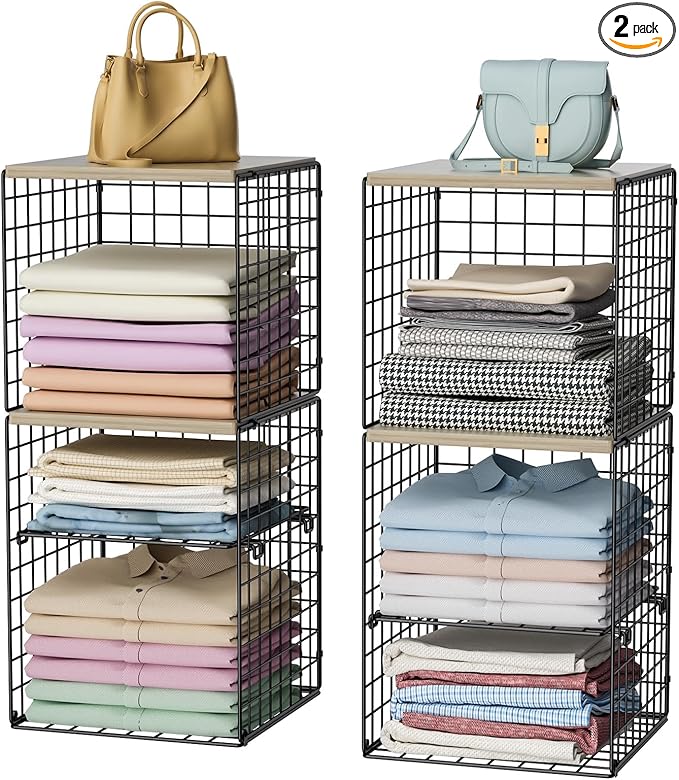 2 Pack Closet Organizer System, Extra Tall & Large Capacity Closet Shelves with Adjustable Dividers, 3-Tier Stackable Storage Bins with Wood Top (Up to 6 Tiers), for Clothes Wardrobe Organization