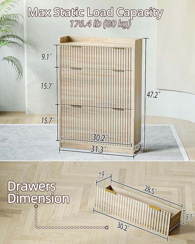 TIQLAB Modern Fluted Shoe Cabinet with Drawer and Flip Storage, Narrow Wooden Shoe Organizer for Entryway, Living Room, Bedroom, 31 inch, Natural Oak