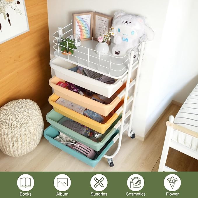 Rolling Storage Utility Cart Organizers with 5 Drawers and Metal Tabletop | 6-Tier Storage Craft Carts with Colorful Drawers and Wheels for Office, Bathroom, Bedroom, and Classroom Organization