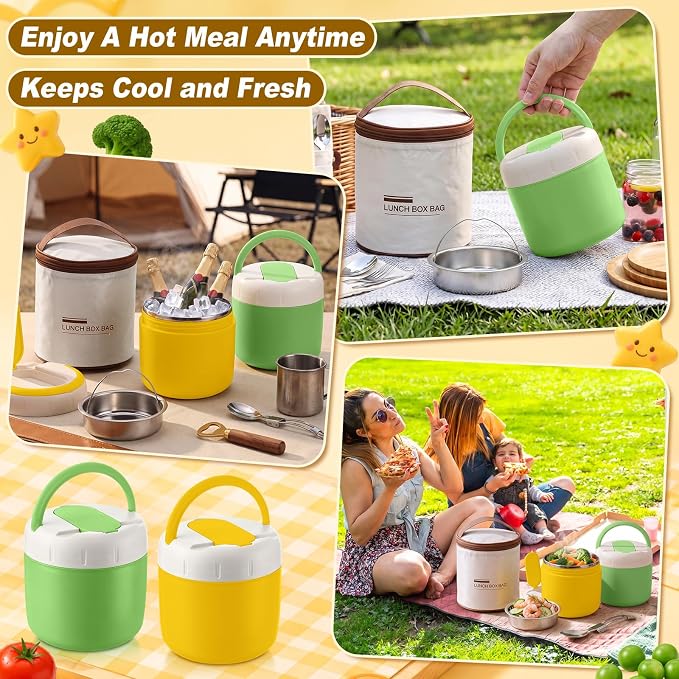 2 Pack 40 oz Insulated Food Jar with 2 Compartments, Stainless Steel Double Wall Vacuum Lunch Box Keep Hot & Cold, Leak-Proof Wide Mouth Soup Container with Spoon & Bag (Green,Yellow)