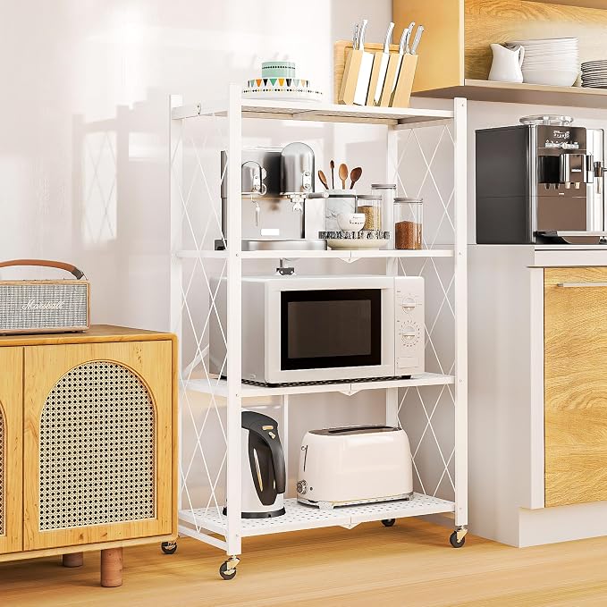 Fenbeli 4 Tier Folding Storage Shelf with Wheels, Heavy Duty Metal Shelving Unit No Assembly, Foldable Rolling Storage Rack 600 LBS Capacity, Locking Casters for Garage Kitchen Pantry(White, 4 Tier)