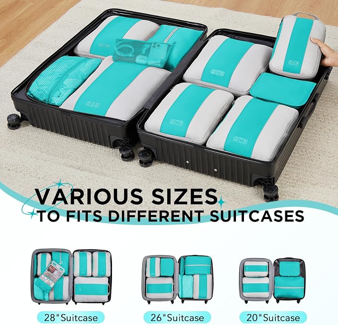 OlarHike 10 Set Compression Packing Cubes for Travel Essentials,Compressible Expandable Space Saver Bags for Organizing Clothes,Luggage Suitcase Garment Bags with Over 1000 pcs Mesh Holes(Blue Green)