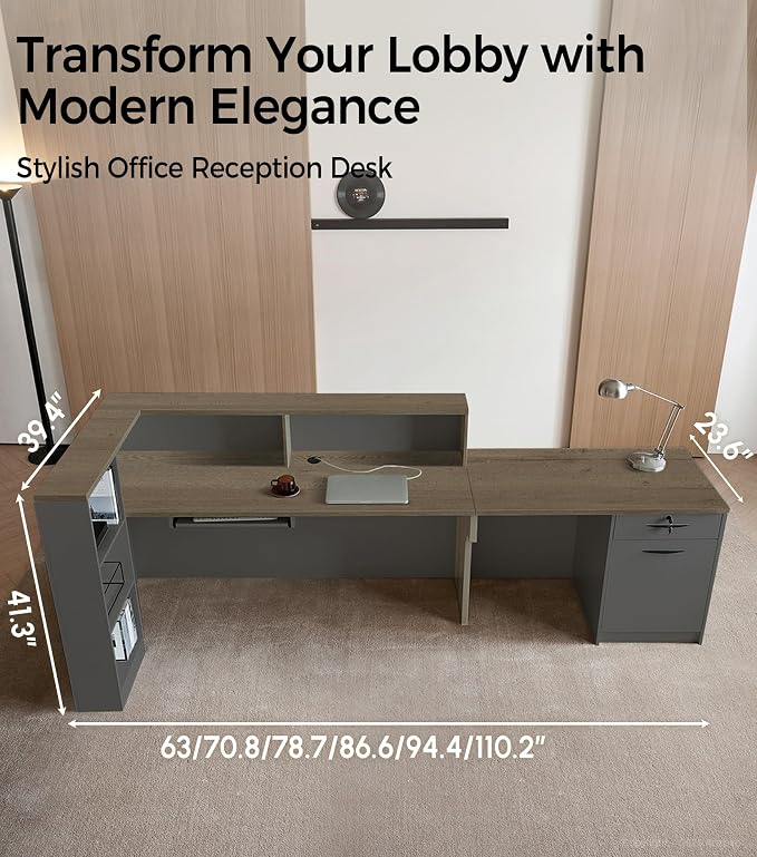 Modern L-Shaped Reception Desk with Counter - 63 Inches Front Desk with Storage Cabinet, Open Shelves, Lockable Drawer & Keyboard Tray for Office, Lobby, Checkout (Tobacco Wood & Iron Gray - Left)