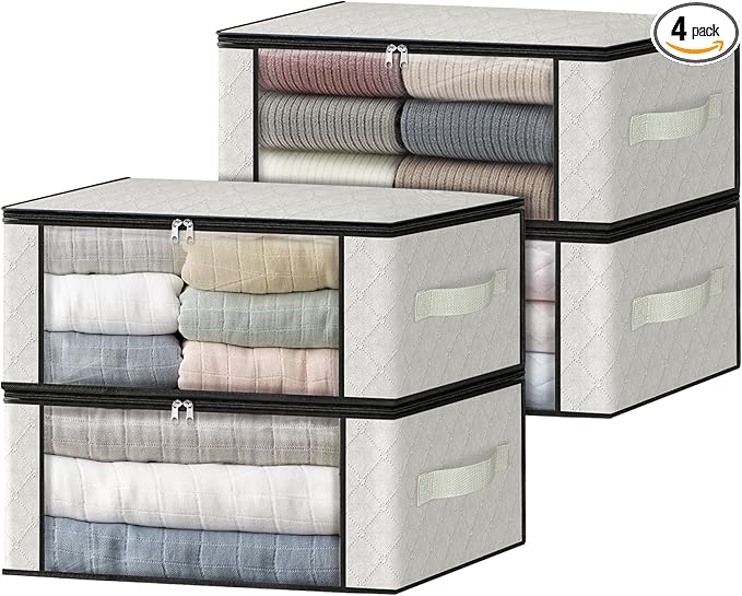 HomeHacks Storage 4-Pack Clothes Organizer Storage Bags Foldable Storage Box with Large Clear Window Sturdy Handles for Closet, Dorm, Pillows, Bedding, Clothes, Blankets, 35L, Ivory