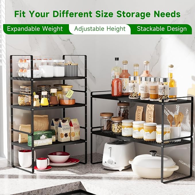 Expandable Kitchen Cabinet Shelf Organizer Rack Heavy Duty Metal Spice Rack Stackable Kitchen Counter Storage Shelf for Kitchen Cabinet Pantry Bathroom (Black - 16.5"-27" L x 8" W x 9.6" H - 2Pack)