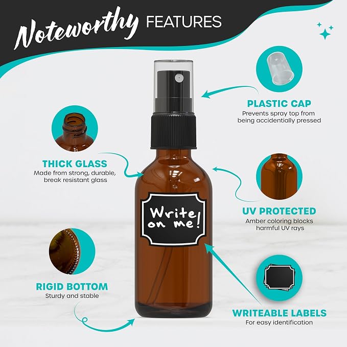 Nevlers Amber Glass Spray Bottles 2 Oz - Small Glass Spray Bottle 24 Pack | Small Spray Bottle Glass Set w/ Shrink Wrap, Funnel, Brush, Labels & Marker | Portable Amber Spray Bottles for Face & Hair