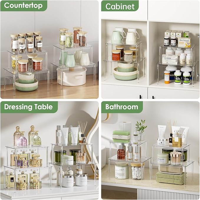 Delamu Clear Kitchen Cabinet Organizer, Set of 4 Acrylic Shelf Organizer for Cupboard Organizers and Storage, Stackable Cabinet Shelf for Plate, Dish, Bowl, Cup & Mug, 11.7" W x 7.7" D x 6.3" H