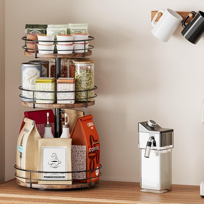 3 Tier Lazy Susan Spice Rack Organizer 360° Rotating, Black | Adjustable Height, For Kitchen Bathroom Countertop Pantry, Spinning Organizer, Table Top
