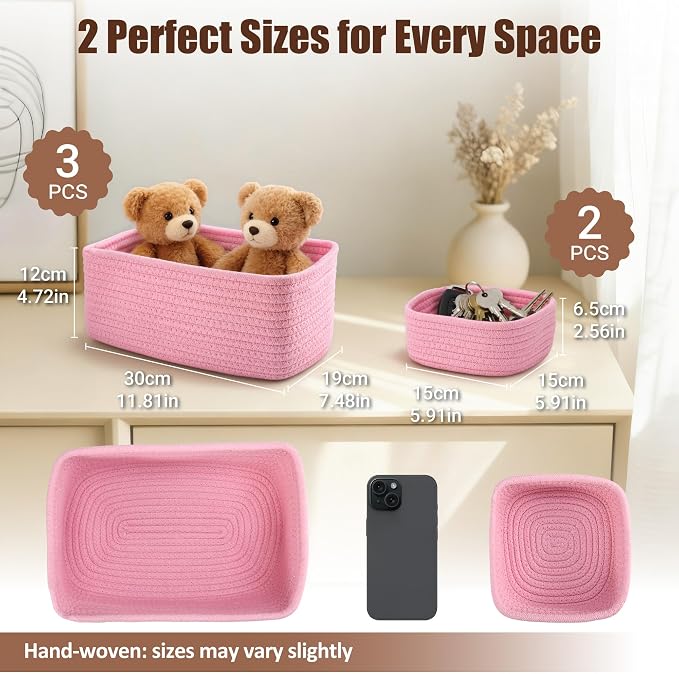 5-Pack Small Woven Rope Storage Baskets, 2 Sizes Organizer Bins | Fabric Cube Boxes and Rectangular Shallow Bins for Closet, Shelf, Bookshelf, Nursery, Changing Table, Bathroom, Toys & Home