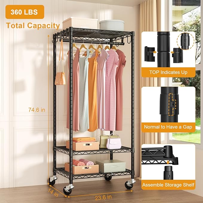FUTASSI Rolling Clothes Rack, Clothing Racks for Hanging Clothes, Black | P6 Mini Heavy Duty Garment Rack with Wheels, Freestanding Portable Closet Rack with Shelves, 23.6 In Wide, Max Load 360 LBS