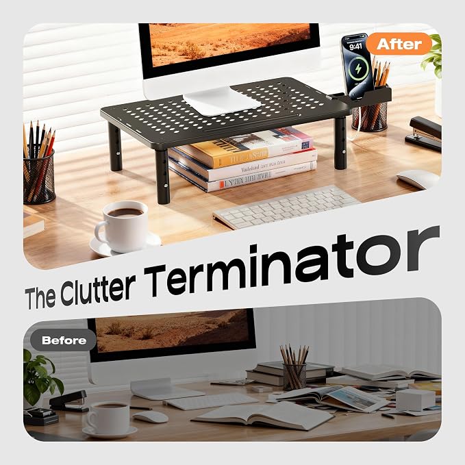 Computer Monitor Stand Riser for Desk, 3 Height Adjustable PC Laptop TV Desktop Monitor Stand Shelf, Metal Printer Table with Phone Holder, Stand Riser for Desk, Office Desk Organizers and Accessories, 1 Pack