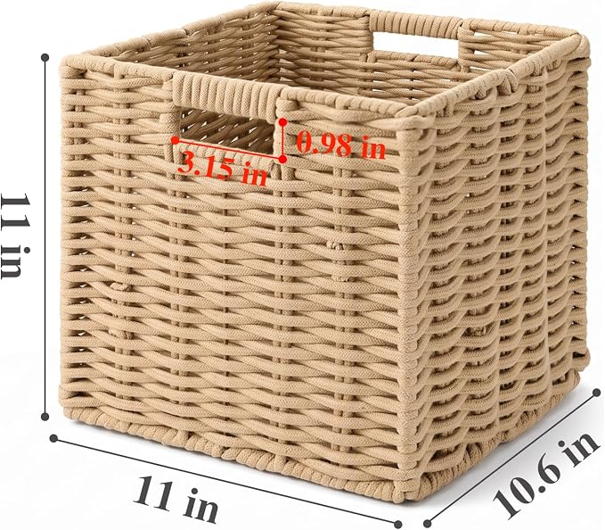 Cotton Rope Cube Storage Basket, 11 Inch Foldable Cubby Organizer Bins with Handles, Handwoven Square Basket for Organizing, Cube Closet Storage Bins for Shelves, Home Decor (Khaki)