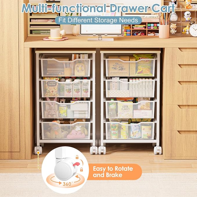 Hongtamoya Rolling Cart with Drawers, Storage Cart with Wheels Metal Rolling Drawer Cart with Lockable Wheels and Wood Tabletop Craft Storage Art Cart for Living Room Bedroom Classroom Office White