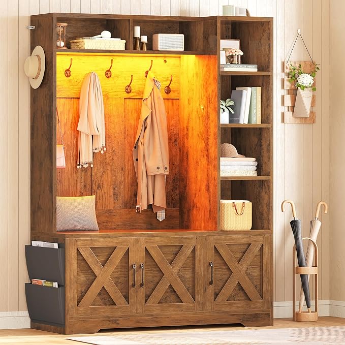 Itaar Hall Tree with Bench and Shoe Storage, Farmhouse Entryway Bench with Coat Rack, Shoe Cabinet with Adjustable Shelves, 6 Storage Cubbies, 10 Coat Hooks, Storage Bag, Led Lights, Rustic Brown